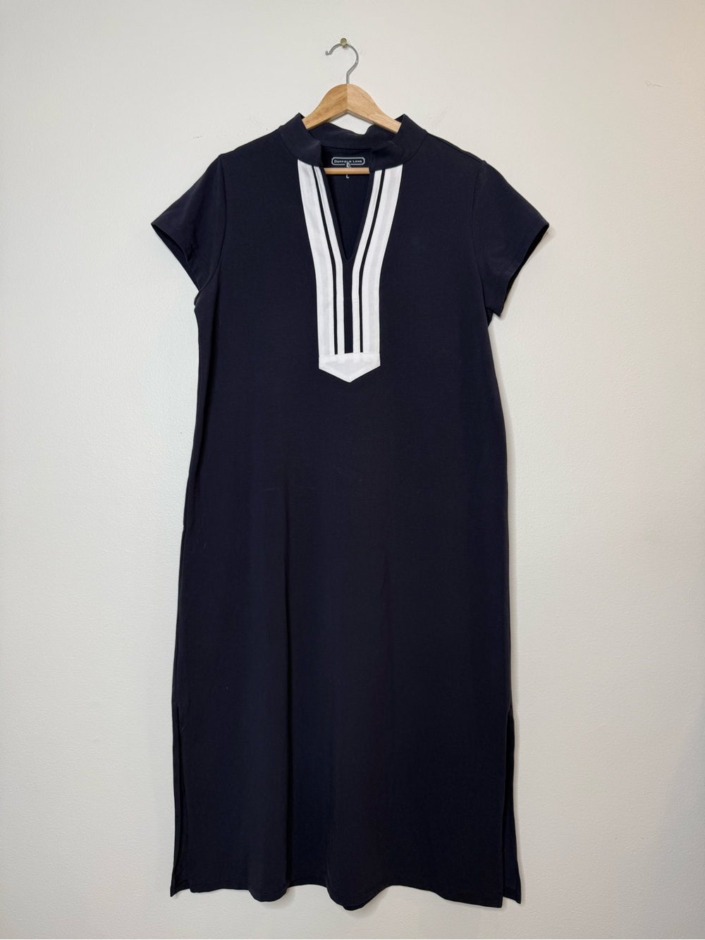Duffield Lane Navy Blue White Notch Collar Midi dress size large cotton jersey
